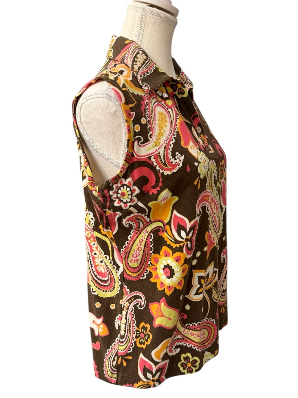 Adidas Paisley Floral Sleeveless Golf Polo Top L Retro Sporty Chic Stretch - Picture 7 of 10